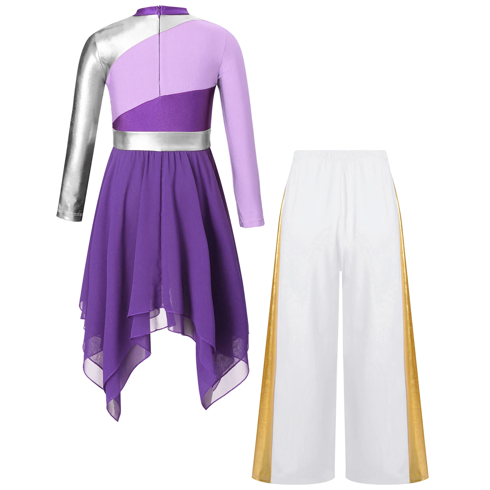 Kids Girls Praise Lyrical Dance Set Church Robe Tunic Long Sleeve Metallic Dress with Wide-Leg Pants Liturgical Worship Costume
