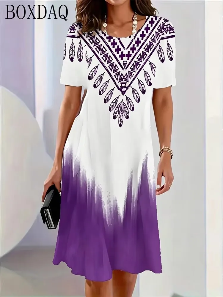 Retro Elegant Women's Summer Short-Sleeved O-Neck Casual Loose A-Line Dress 3D Digital Gradient Print New Dress