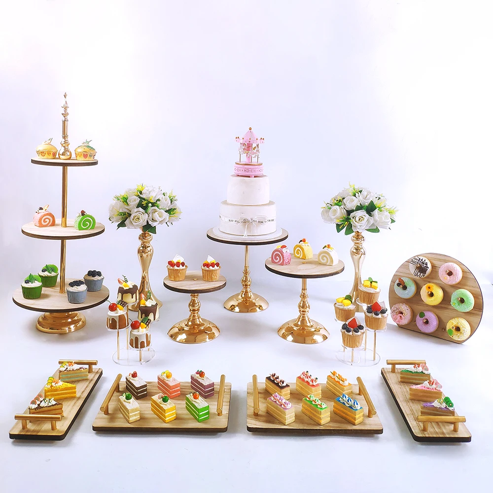 

9-13pcs Wooden and metal cake stand set, paper cupcake stand decoration, dessert seat, party display, cake tray