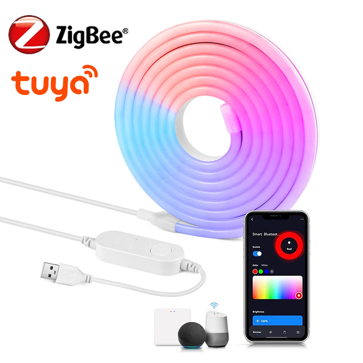 RGB Neon Light 5V USB LED Strip Lights Zigbee 3.0 Controller Need Gateway Hub Bridge for Tuya Smart life Alexa Voice Control