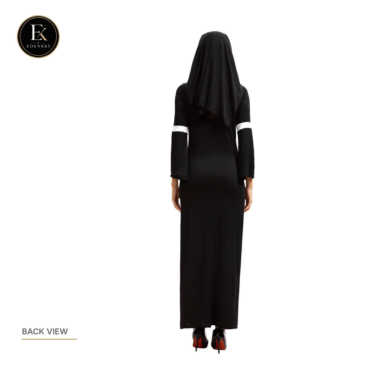 EOENKKY Sexy Nun Costume for Women Halloween Cosplay Black Long Dress with Veil Cross Necklace High Slit Gothic Outfit