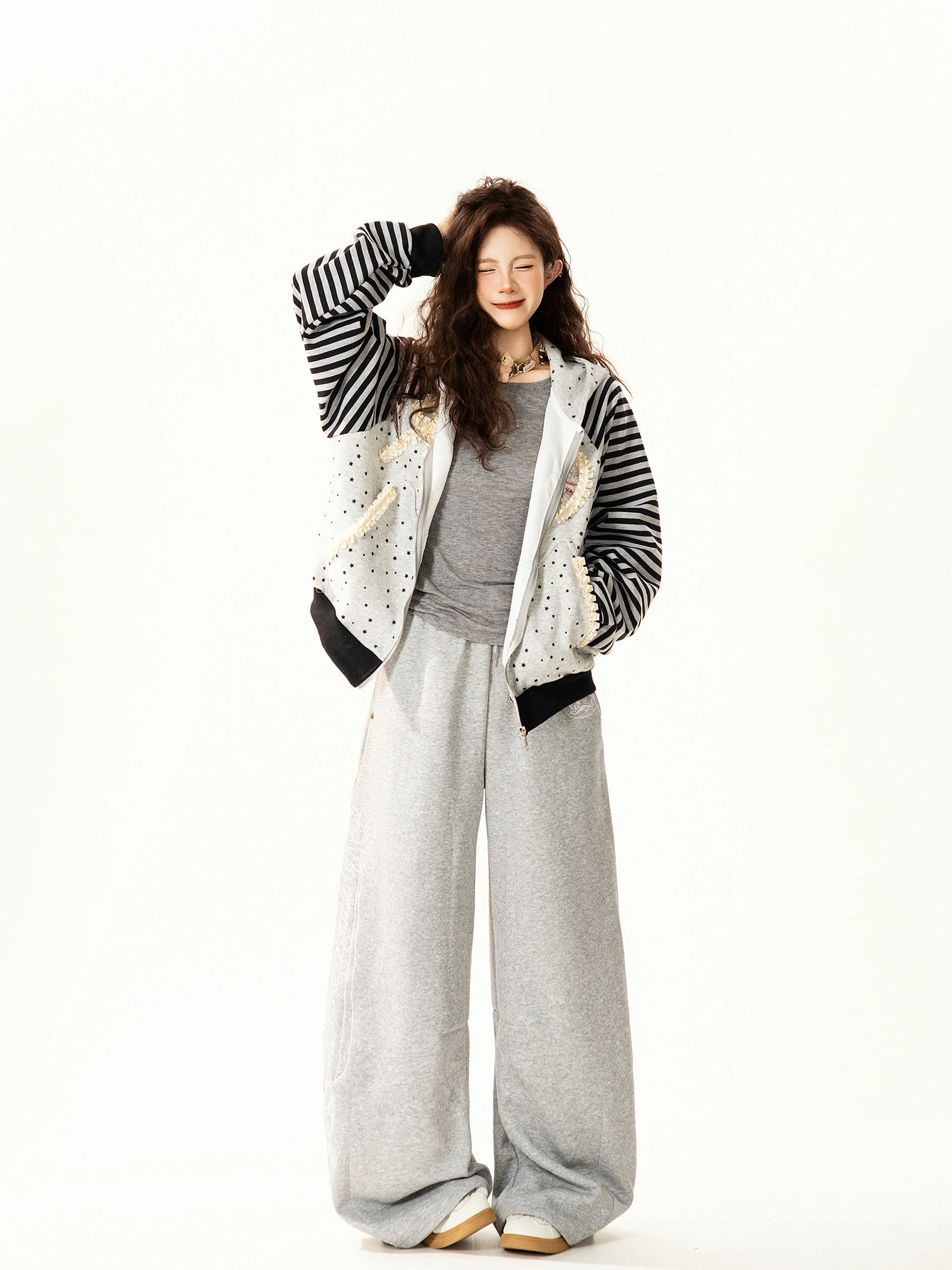 

Retro American Striped Polka Dot Hooded Cardigan Women's Loose Casual Versatile Outerwear Comfortable Long Sleeve Zipper Design