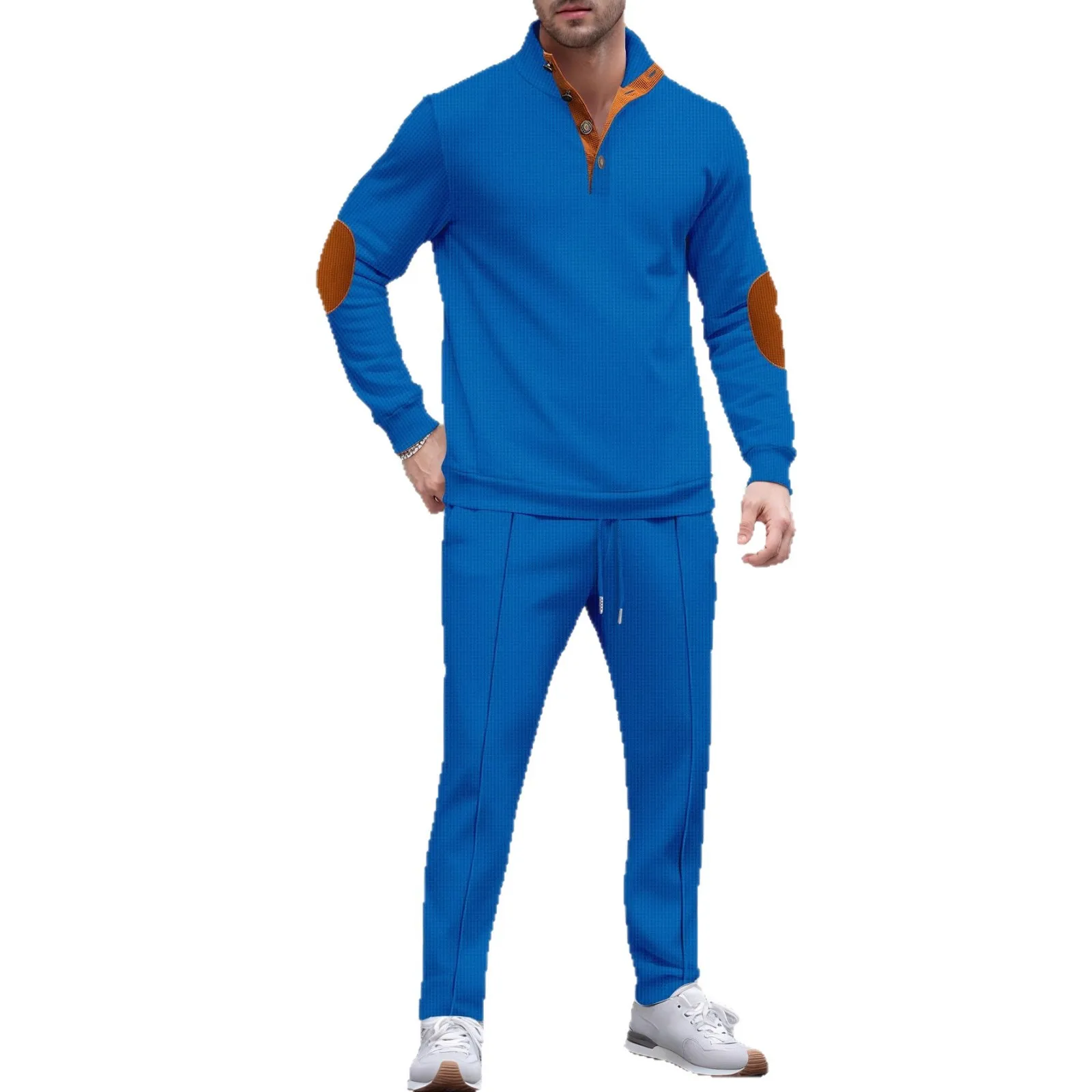 Felpa da uomo a maniche lunghe con colletto rialzato in stile americano con protezioni per il gomito abbottonate Set di abiti autunnali abbinati ai colori