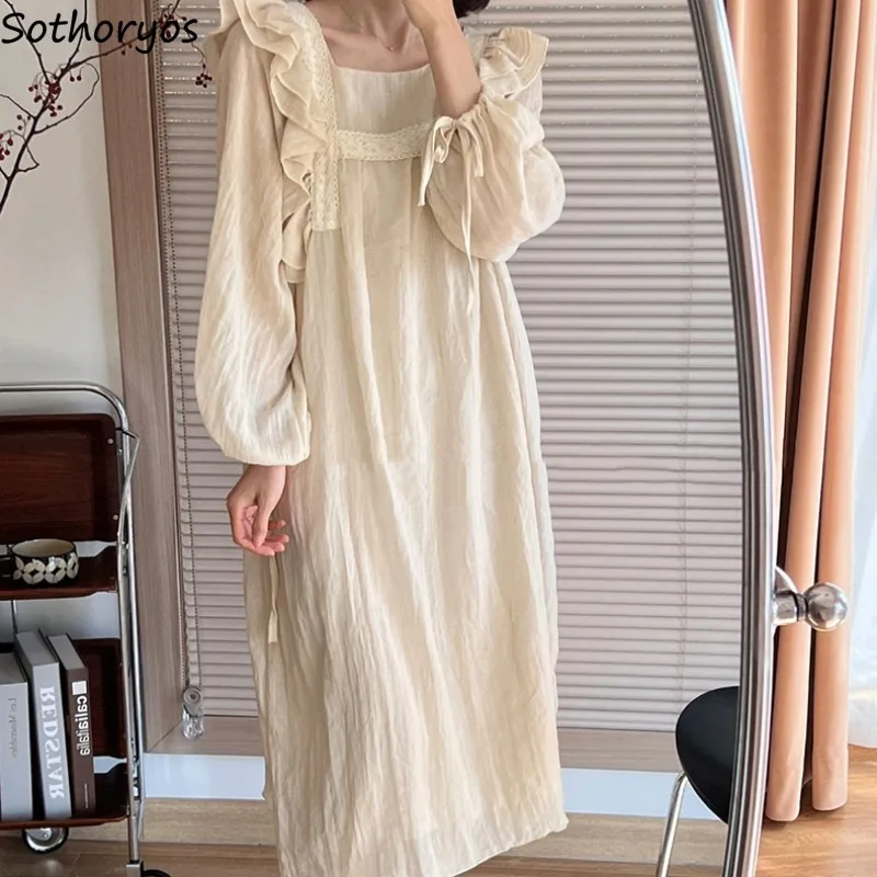 Lace Nightgowns Women Long Sleeved Patchwork Square Collar Sweet Elegant Thin Summer Midi Breathable Ruffles Homewear