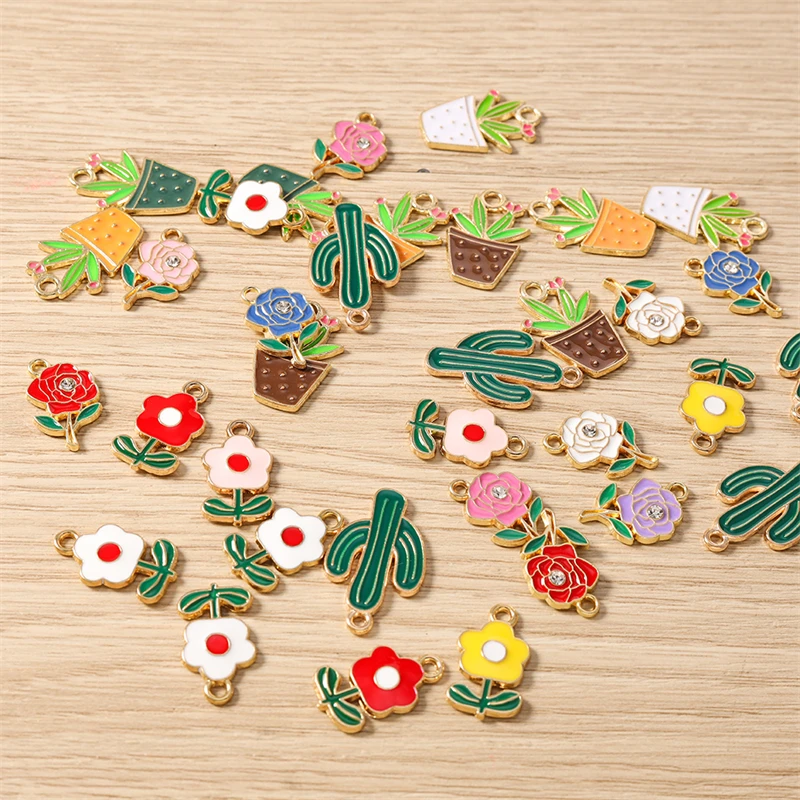 10 Stück Niedliche Emaille-Anhänger mit Pflanzen-, Kaktus- und Blumenmotiven für die Herstellung von Ohrringen, Halsketten, Armbändern, DIY-Bastelarbeiten und Schmuckzubehör – Detail 1