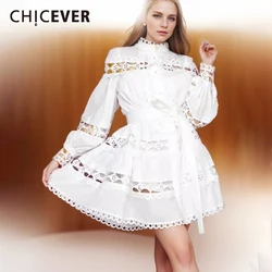 CHICEVER Hollow Out Solid Mini Dresses For Women Stand Collar Long Sleeve High Waist Patchwork Belt Basic Dress Female Clothing