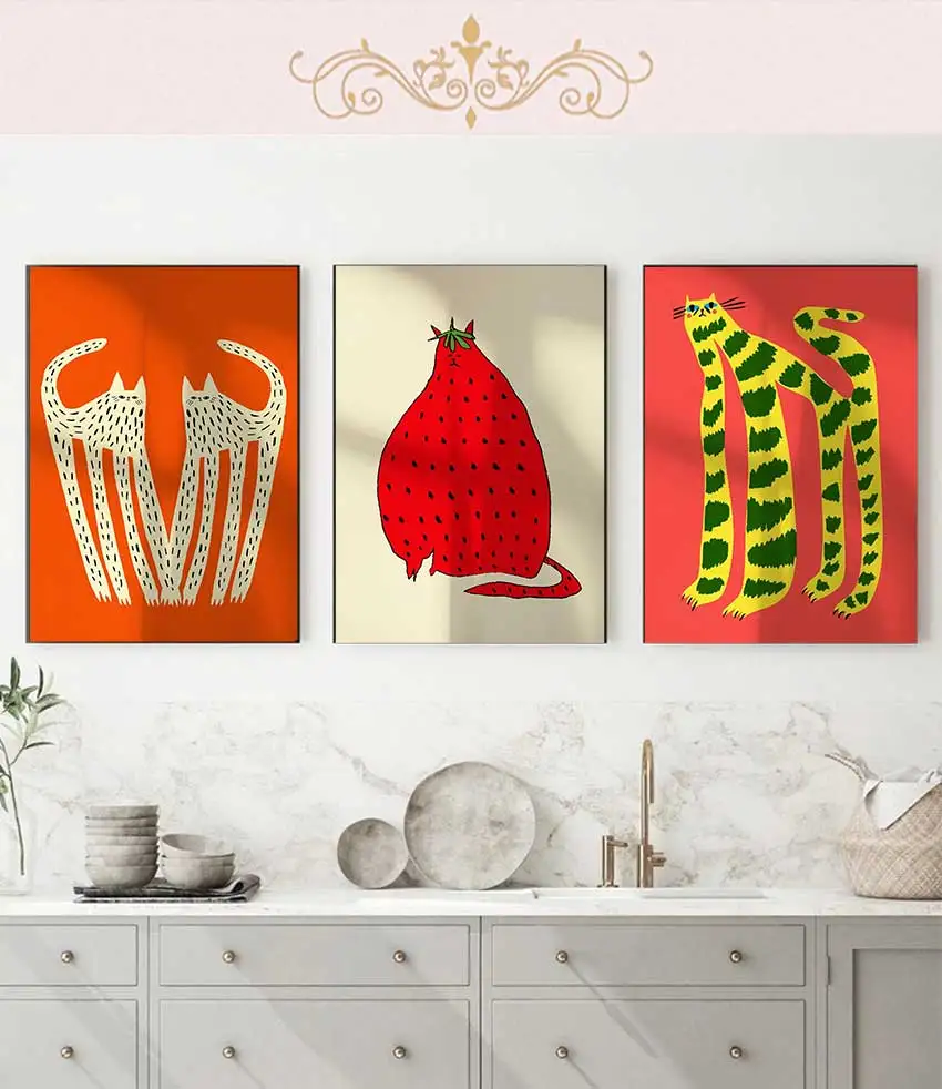 poster printing strawberry cat leopard print cat flower canvas painting home living room decor Interesting abstract bizarre cat