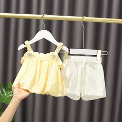 Girls Outfit Sets Summer Kids Casual Clothing For Girls Yellow Suspender+White Shorts Set Children's Baby Girl Clothing