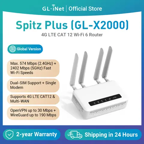GL.iNet Spitz Plus(GL-X2000) 4G LTE CAT 12 OpenWrt , Dual-SIM, Wi-Fi 6 Router