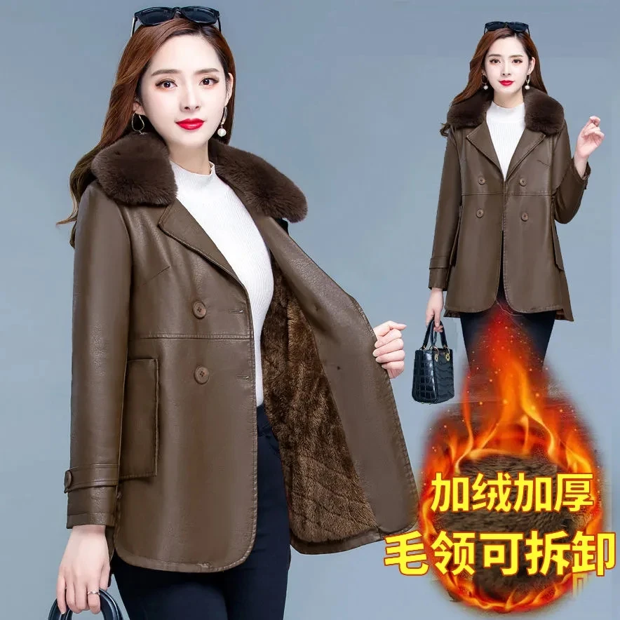 XL-6XL Women Leather Jacket Autumn Winter Korean Loose Faux Leather Windbreaker Coat Female Winter Thick Velvet Parkas Overcoat