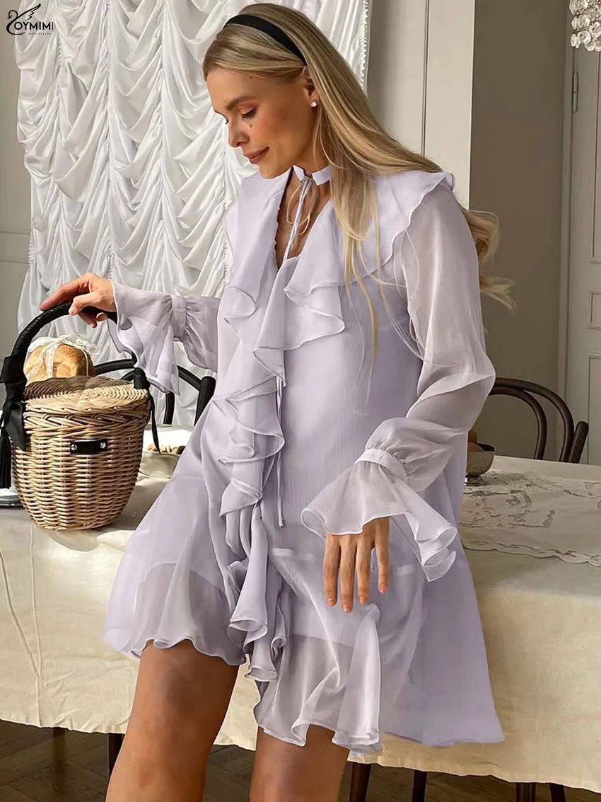 

Oymimi повседневные серые женские платья на шнуровке модные платья с v-образным вырезом и длинными рукавами с рюшами элегантное свободное мини-платье женская одежда