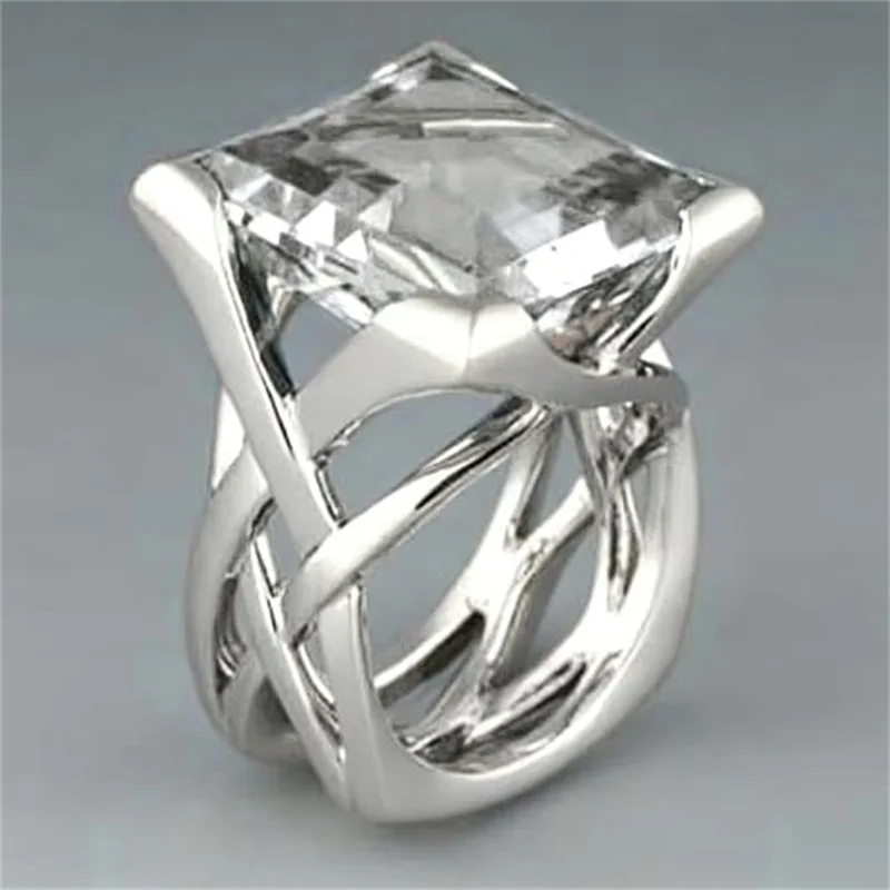 Huitan Ring mit hohlem Kreuz-Design für Damen, goldfarben, mit leuchtend weiß/blauem CZ, modisches Hochzeitszubehör, eleganter Partyschmuck – Detail 15