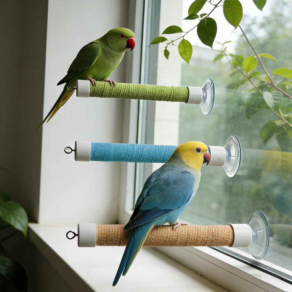 1 Set Saugnapf-Vogelstange für Fensterglas Spiegel Tragbare Papageien-Stehstange Wellensittich Haustier Reise-Spielzeug Zubehör Langeweile-Bekämpfung