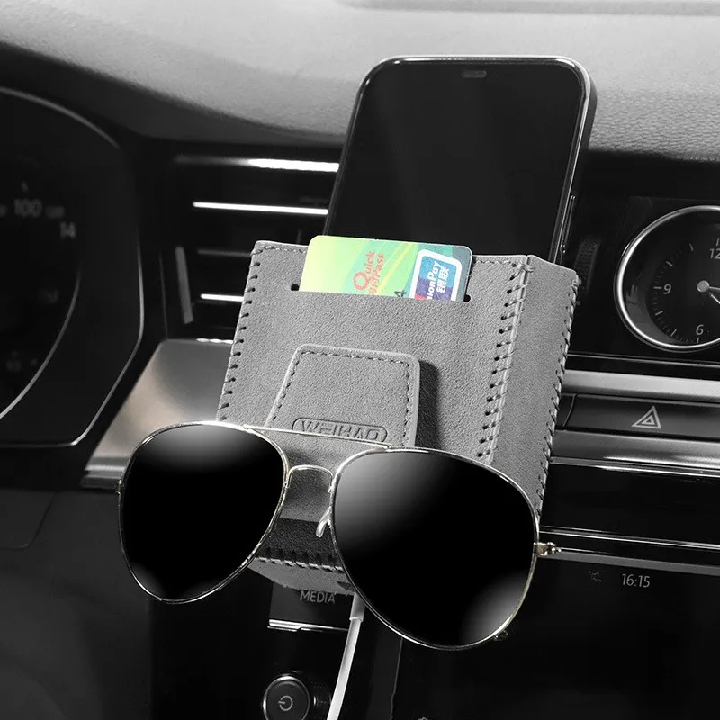 Car Air Oulet Storage Box Fashion Suede Mobile Phone Holder Sunglasses Clip Card Holder Car Organizer Hanging Bag