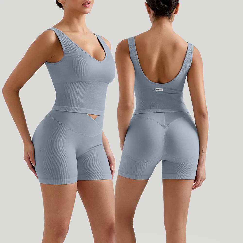 Summer 2 Piece Yoga Suits Women V Waist Short Leggings Shockproof Sports Top Vest Fitness Gym Suits Outfit Yoga Set Female