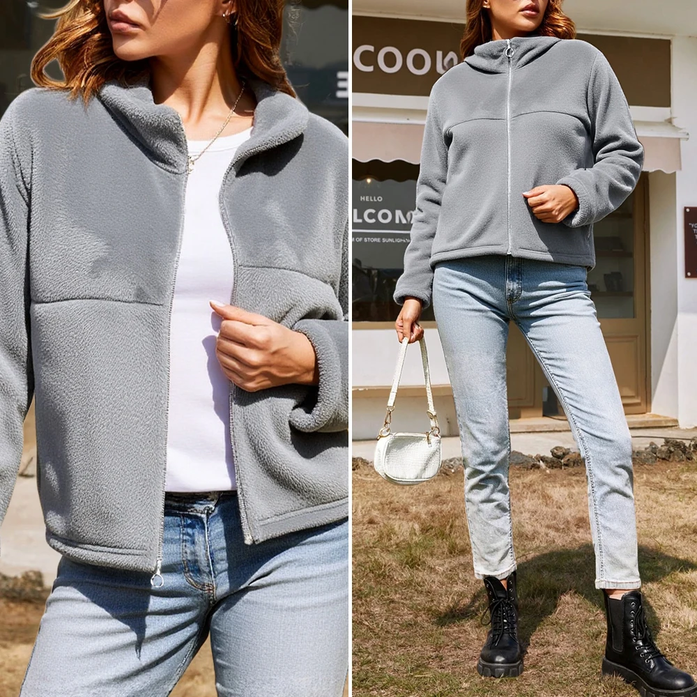 

Женские пальто 2025, зимние однотонные однотонные пальто с длинными рукавами и воротником-стойкой на молнии, мягкие флисовые пальто