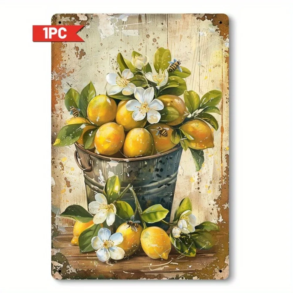 Yellow Lemon Branch Iron Tin Sign 8x12inch Rustic Style Wall Decorative Plaque, Suitable for Home Cafes