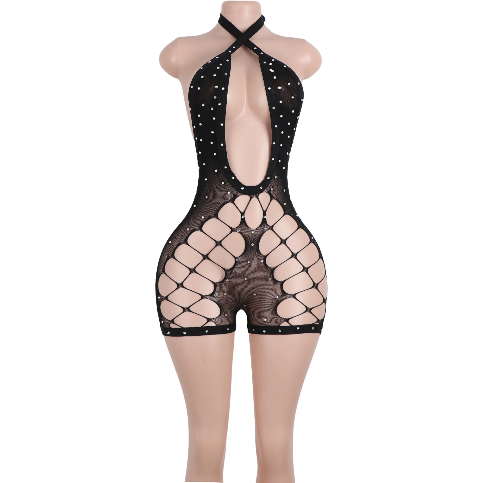 club sexyBlack Lace Sleeveless Backless Stage Performance Exotic Dancewear Shorts Crystal Diamond Bodysuit Pants Openwork Design