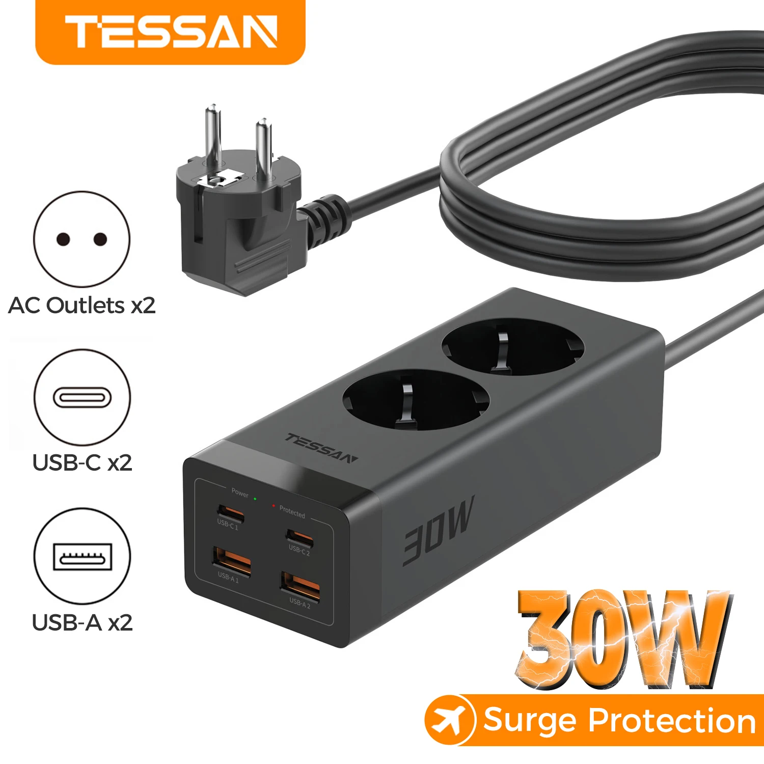 

TESSAN 30 Вт GaN Удлинитель с несколькими розетками и 2 розетками 2 USB 2 типа C Защита от перенапряжения Вилка европейского стандарта с удлинителем 2 м/5 м