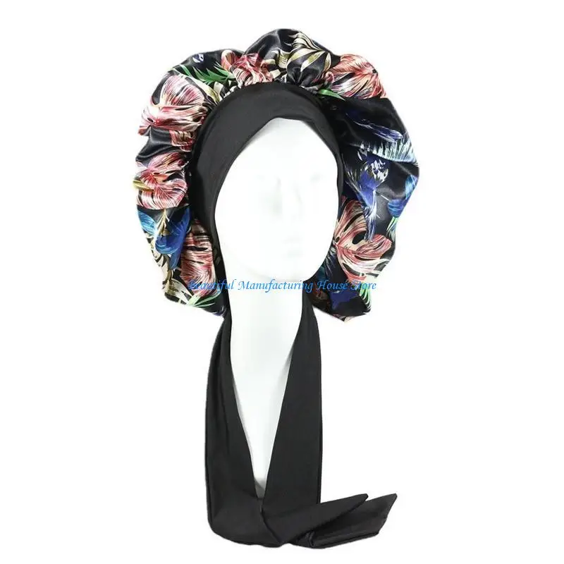 E56A Ribbon Decor Girl Satin Bonnet Elastic Night Sleep Cap Breathable Color Matching