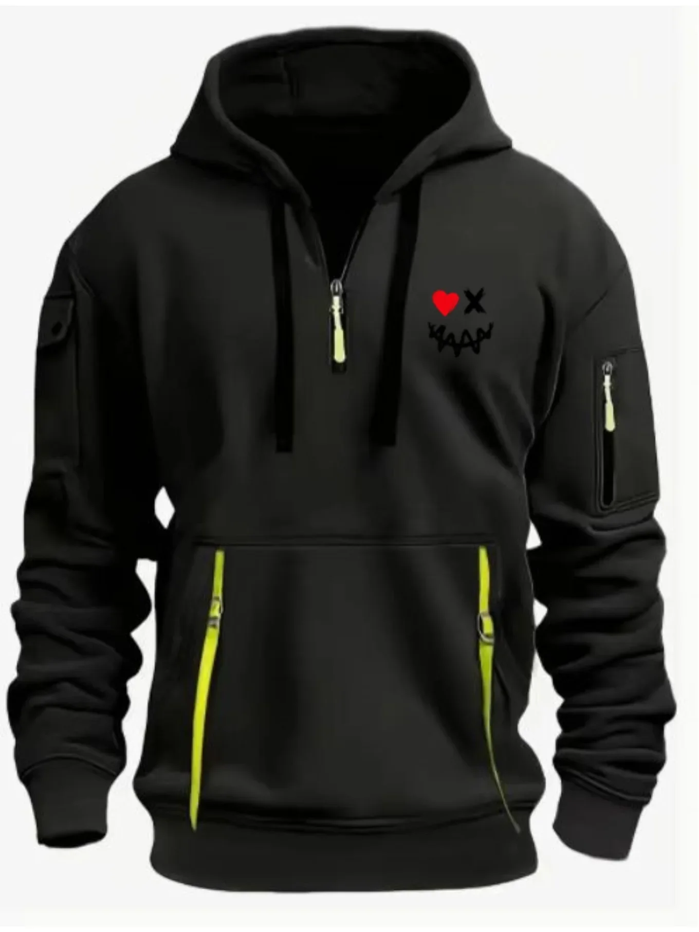 Multi pocket zipper long sleeved men's and women's spring and autumn hoodies, warm fabric with heart-shaped smiling face print