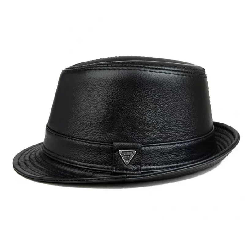 New 2023 Man High Quality Genuine Leather Jazz Fedora Gentleman CowSkin Short Brim Black/Brown Fitted Top Hat Male Shows