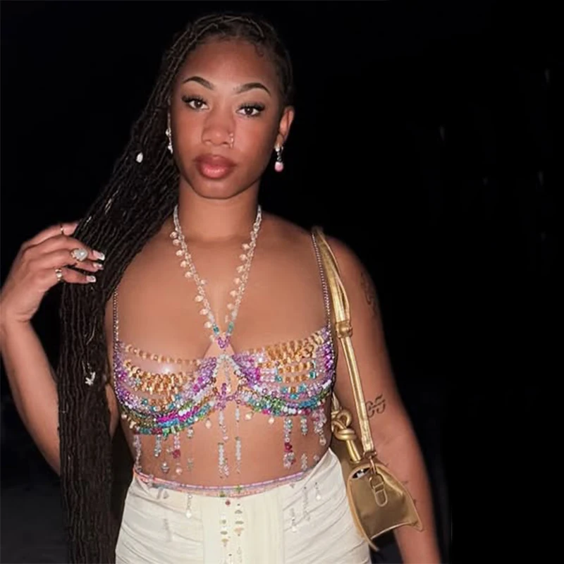 

Handmade Coachella Music Festival Outfit Body Chain Layered Bridal Jewelry Marmaid Top Women Sexy Purple Crystal Beaded Crop Top