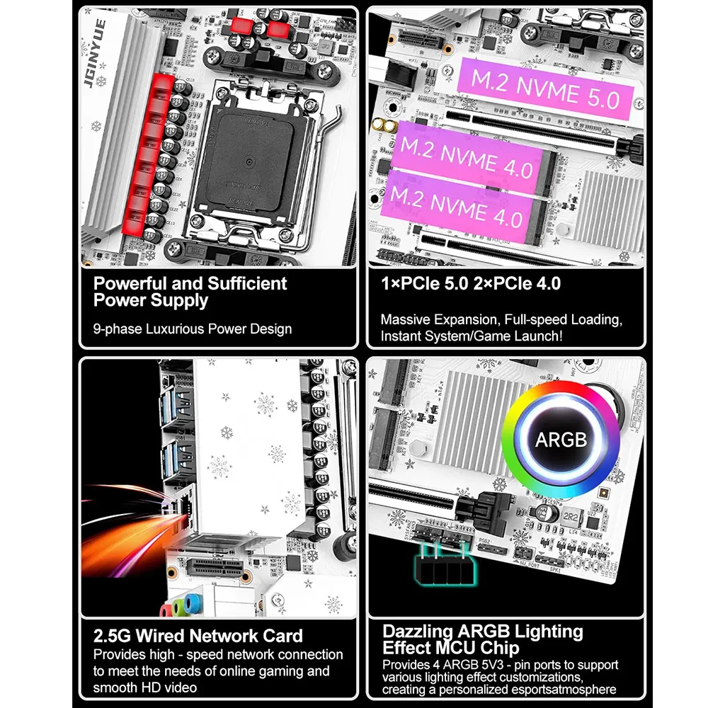 مجموعة اللوحة الأم JGINYUE B850M PRO AMD Ryzen 5 7600X/9600X Ryzen 7 7700/9700X CPU 2*16GB DDR5 6000MHz M.2 NVME SATA 3.0 ARGB #6