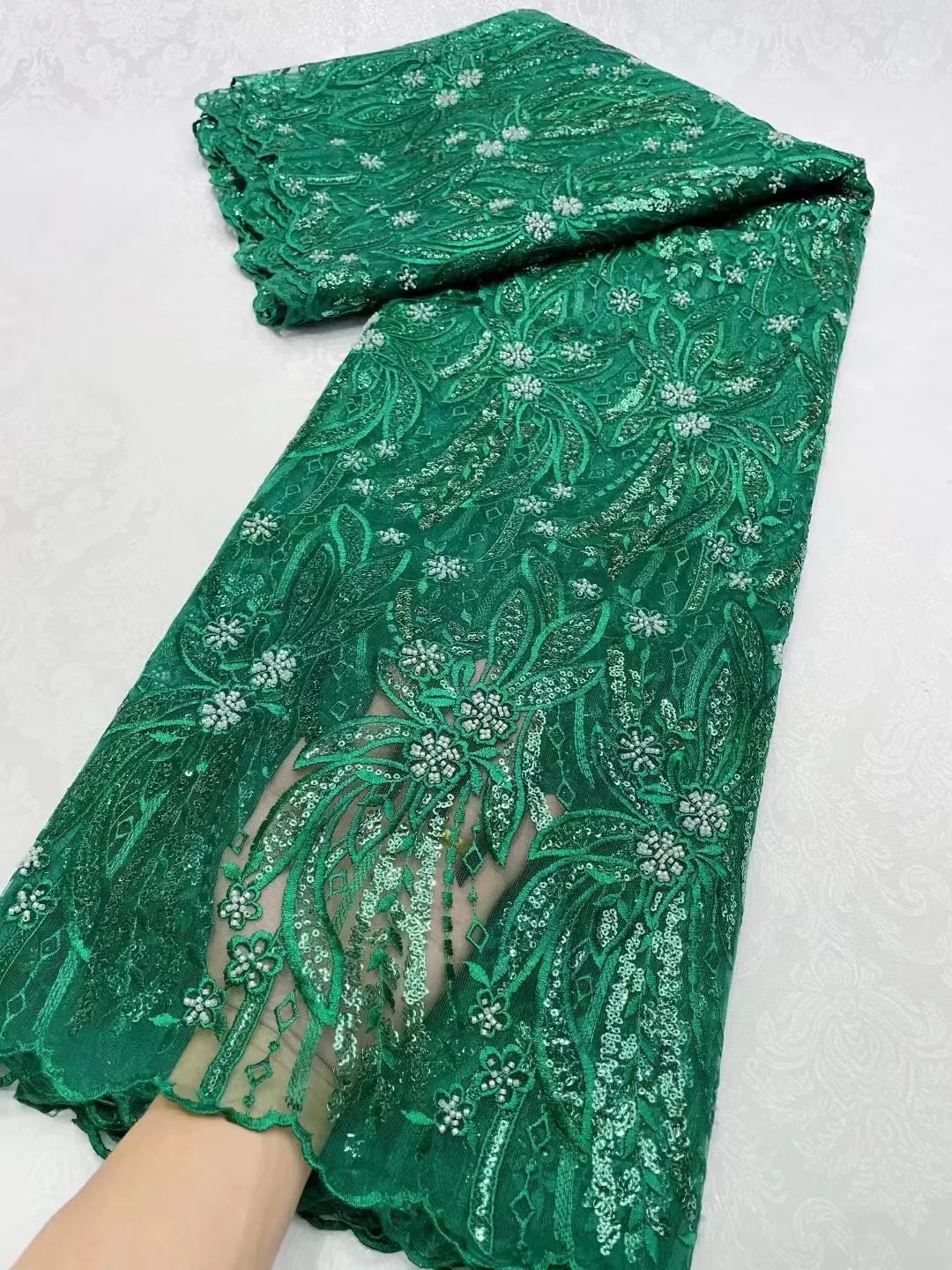 

Green African Wedding Lace Fabric High Quality Embroidery French Tulle Lace Nigeria Lace Fabric With Sequins And Beads For Dress