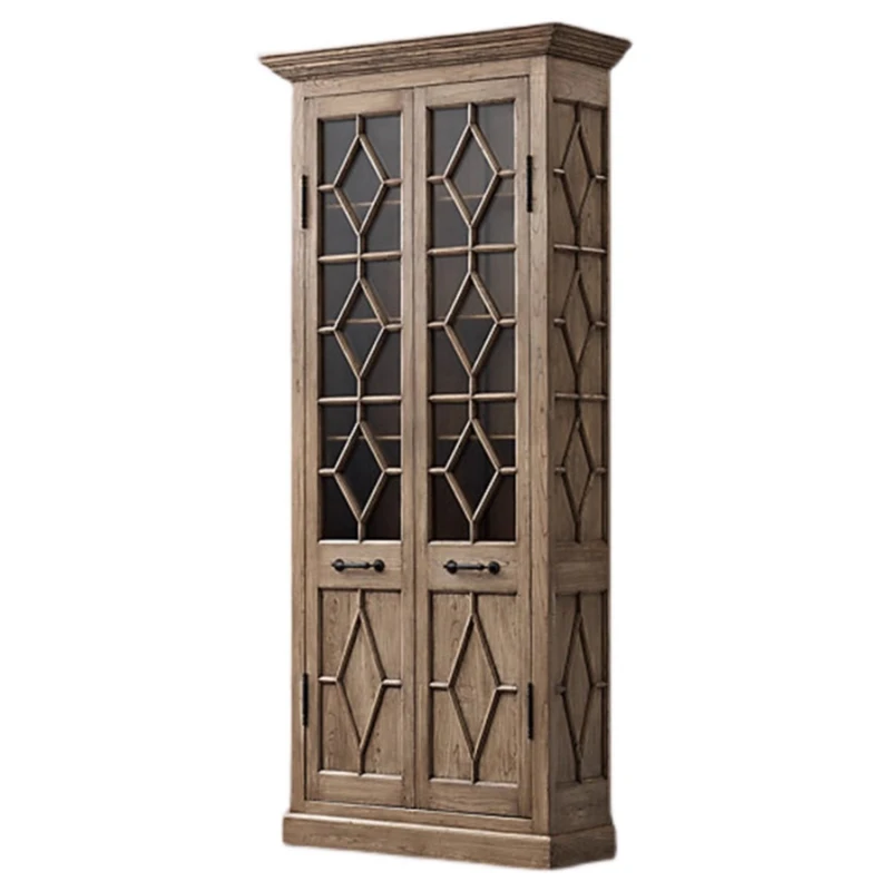 

RH American solid wood wine cabinet French retro four-door bookcase oak glass door side cabinet locker customization