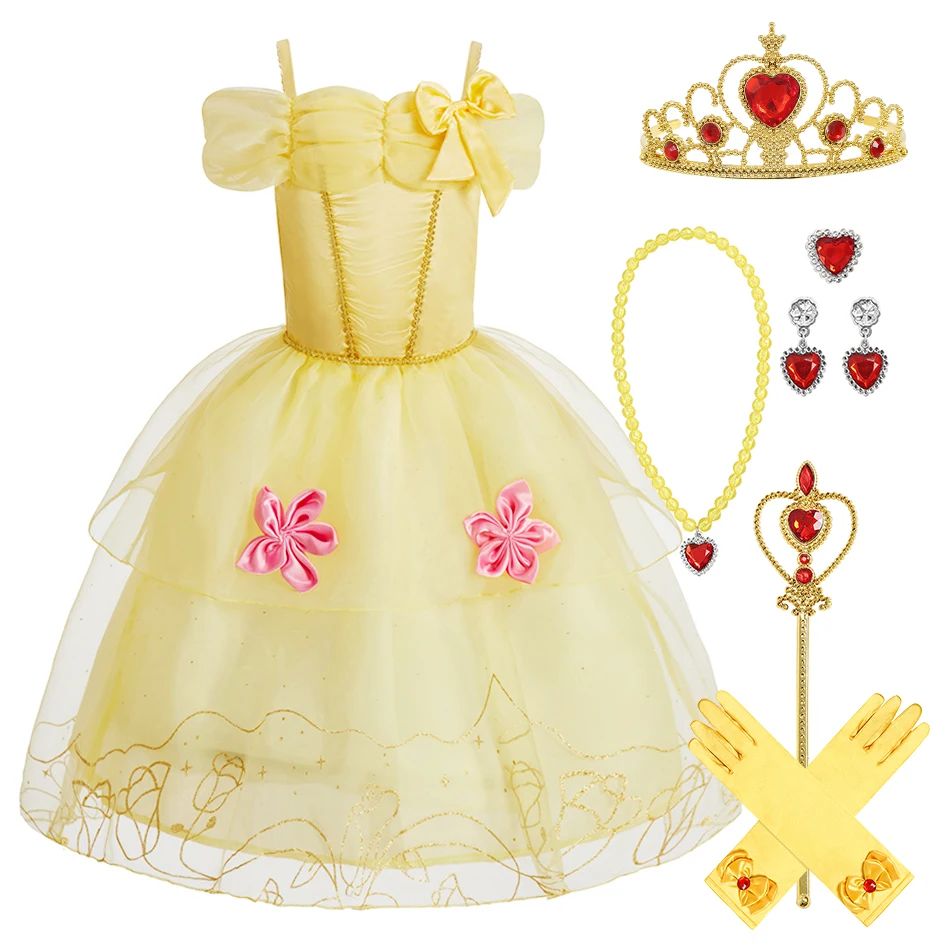 

Children Princess Vestidos Little Girls Summer Party Tulle Dress Kids Beauty and Beast Bell Halloween Christmas Cosplay Dress