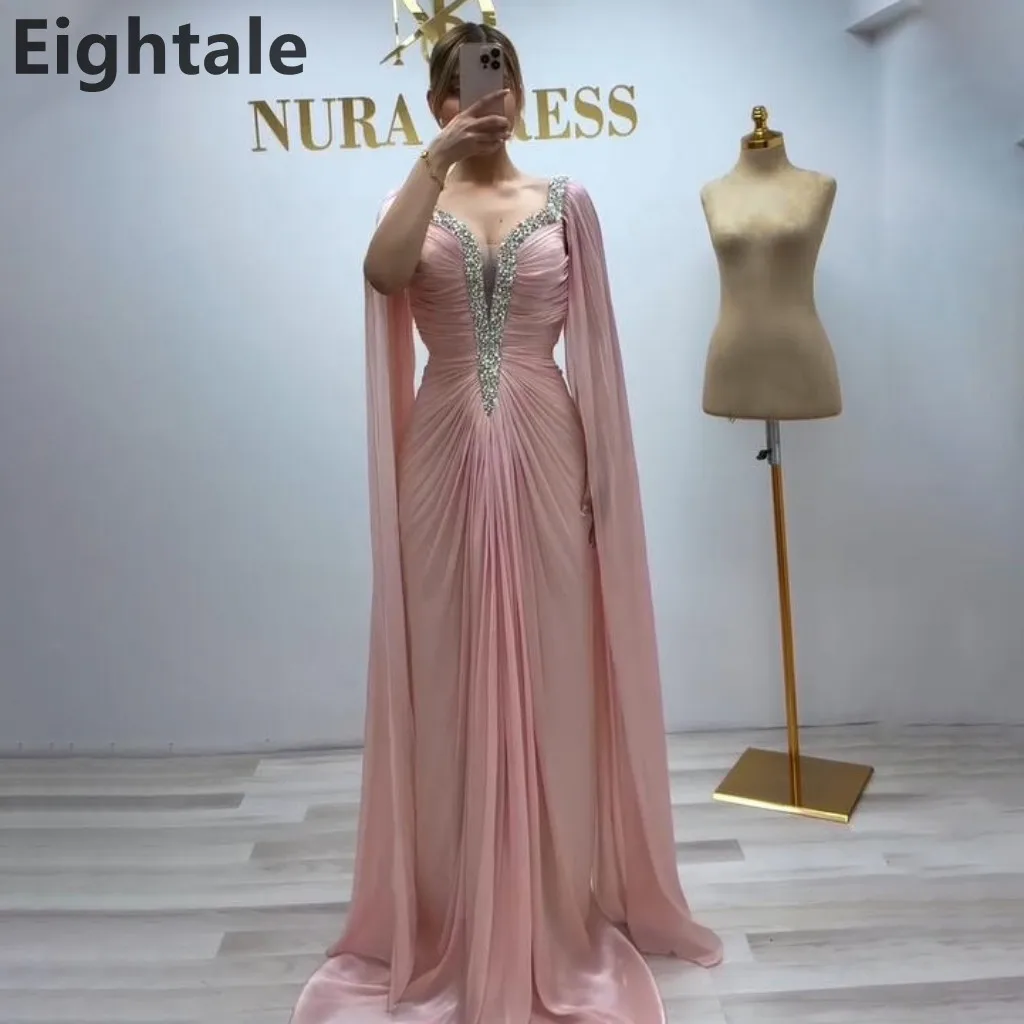 

Eightale 2025 Pink Floor Length Maxi Evening Dress With Cape Wedding Party Formal Prom Dress Dubai Party Gown Customized