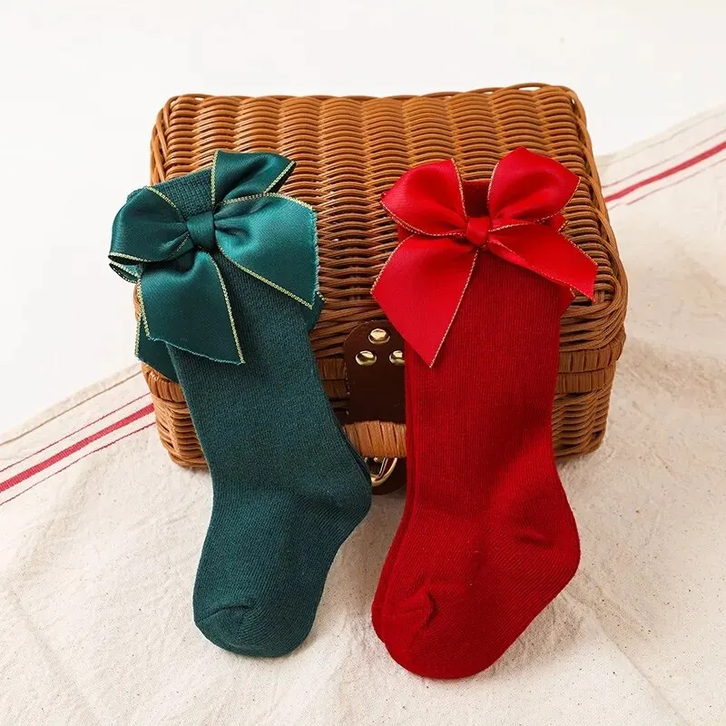 2Pairs/Lot Baby Christmas Socks Kids Girls Big Bow Red Knee High Long Sock Soft Cotton Children Newborn Gift Socken For 0-5Years