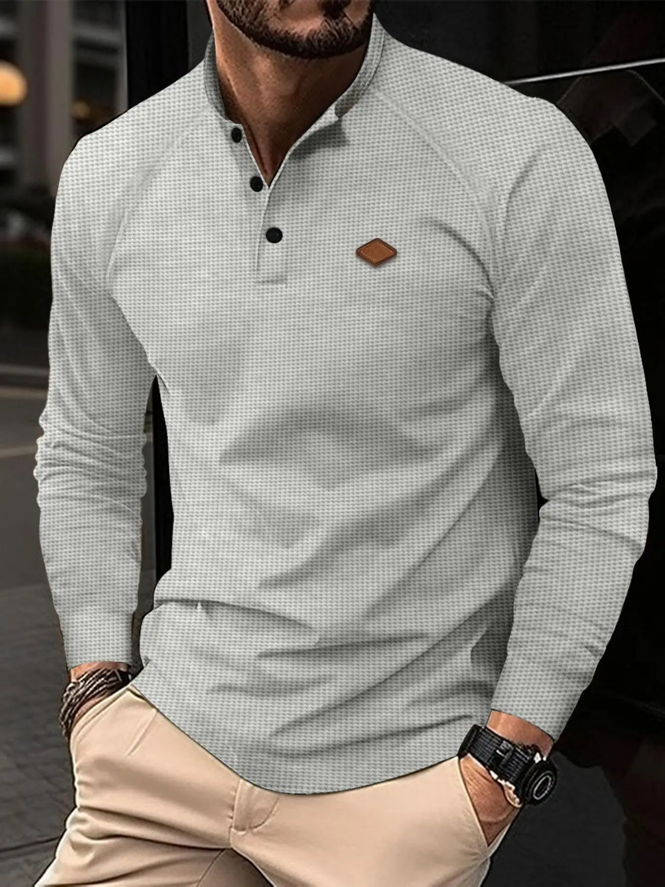 2025 Best-Selling New Vintage Waffle Solid Color Men's Henry Shirt Breathable Casual business, Men Button Down Round Neck Long