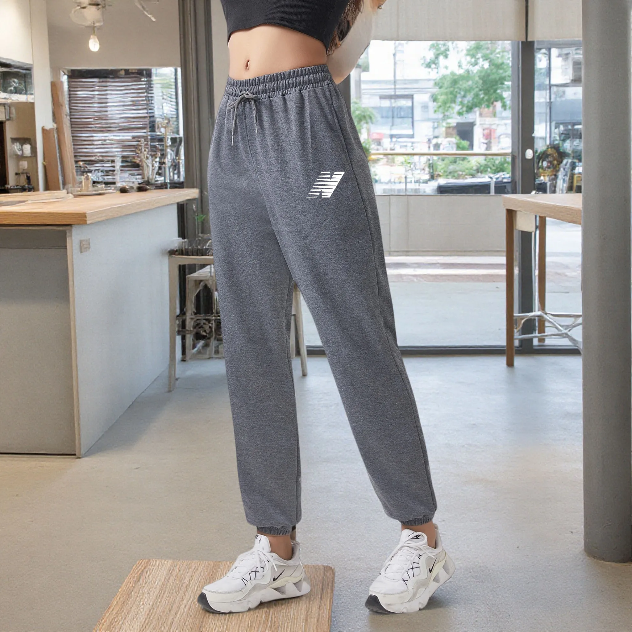 Pink Gradient Wave 3-Pink Stripe Print Ankle-Cinching Joggers Women'S High-Waist Drawstring Loose Girly Style Casual Trousers