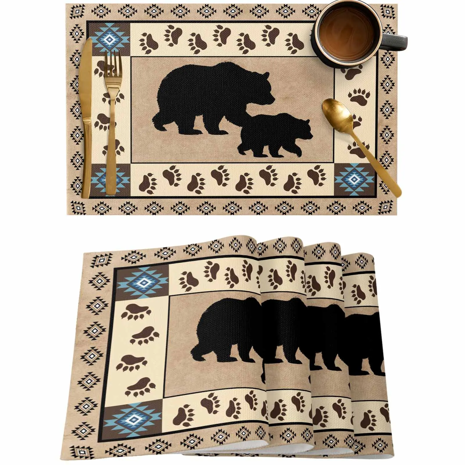 

4/6 Pcs Retro Abstract Hunting Bear Placemat Wedding Party Dining Decor Linen Table Mat Kitchen Accessories