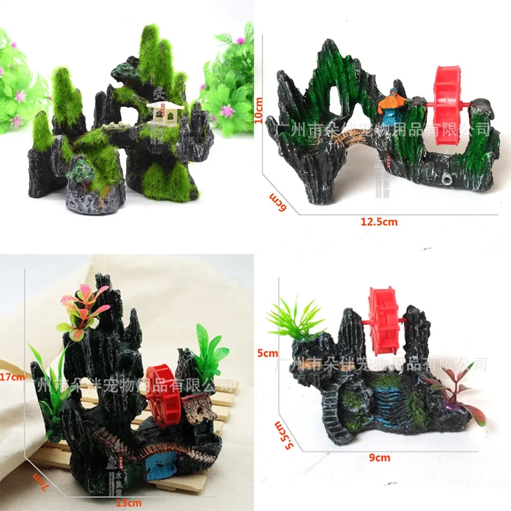 Aquarium Aquarium Fish Tank Ornament Resin Artificial Mountain Stone Windmill Air Pick-up Pump Can Turn The Water Wheel