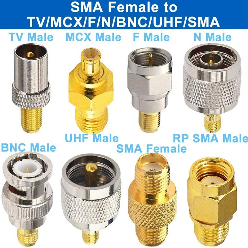 16 Type SMA Connectors SMA Adapter Kits SMA To MCX/TV/F/N/BNC/UHF/RP-SMA Straight Type Nickel Gold Plated Test Connector