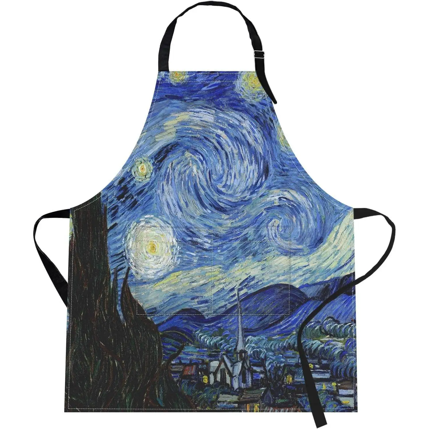 

Apron Home Kitchen Cooking Baking Gardening for Women Men With Pockets Starry Night Oil Painting 32x28 inch