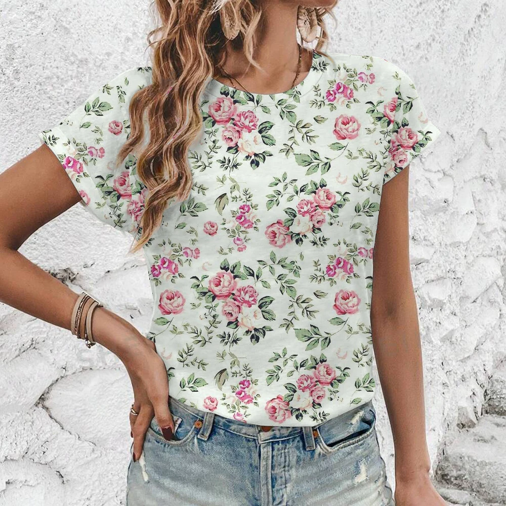 Elegant And Simple Fashion Women\'s T-shirt Summer Casual Loose Comfort O-Neck T-shirt Vintage Flower Print High Quality T-shirt