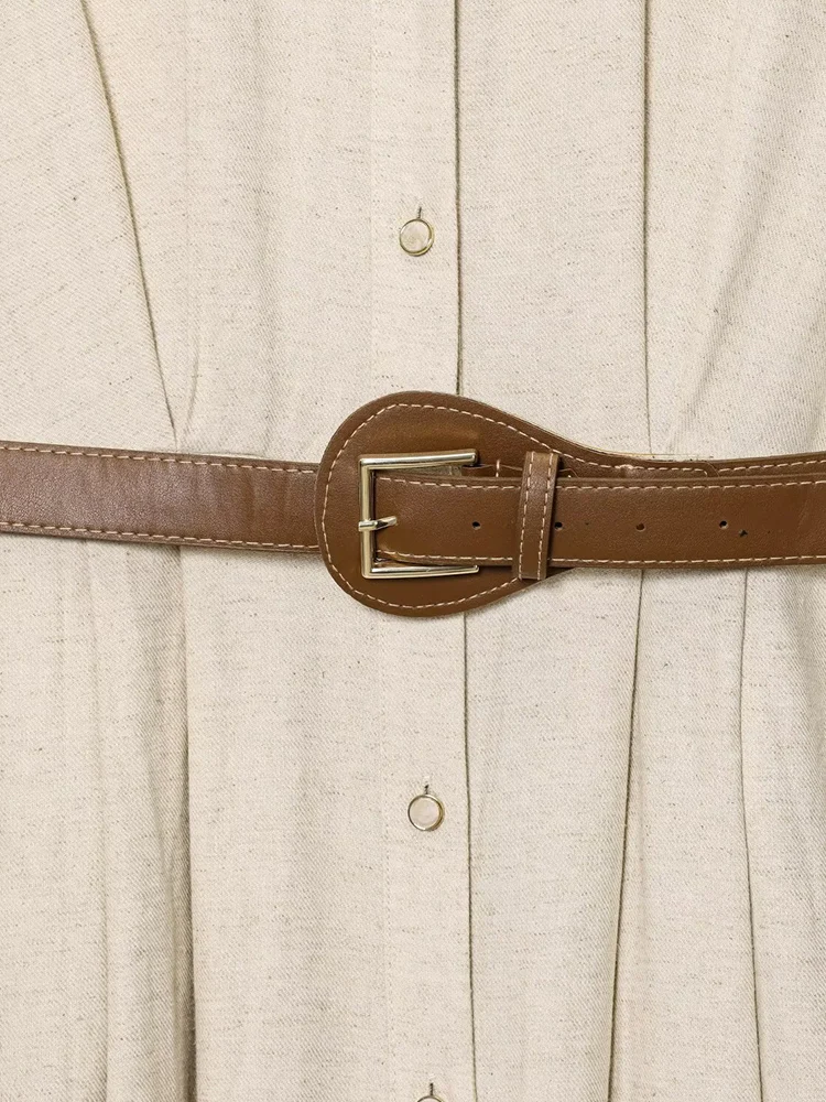 2025 المرأة الصيف قمصان ميدي فستان خمر الصلبة س الرقبة حزام الكتان واحدة الصدر الإناث أنيقة الشارع فساتين الملابس #6