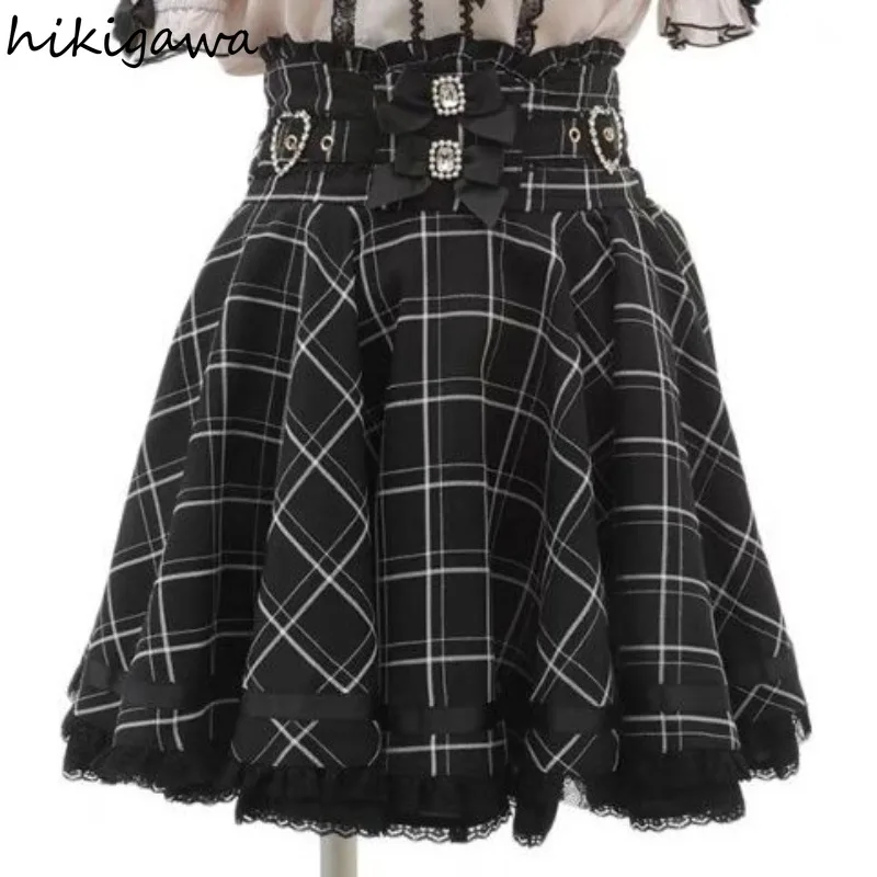 

2024 Faldas Mujer De Moda Japanese Women Skirts Patchwork Lace Bow Jupe Plaid Summer Saia High Waist A-line Fashion Y2k Skirt