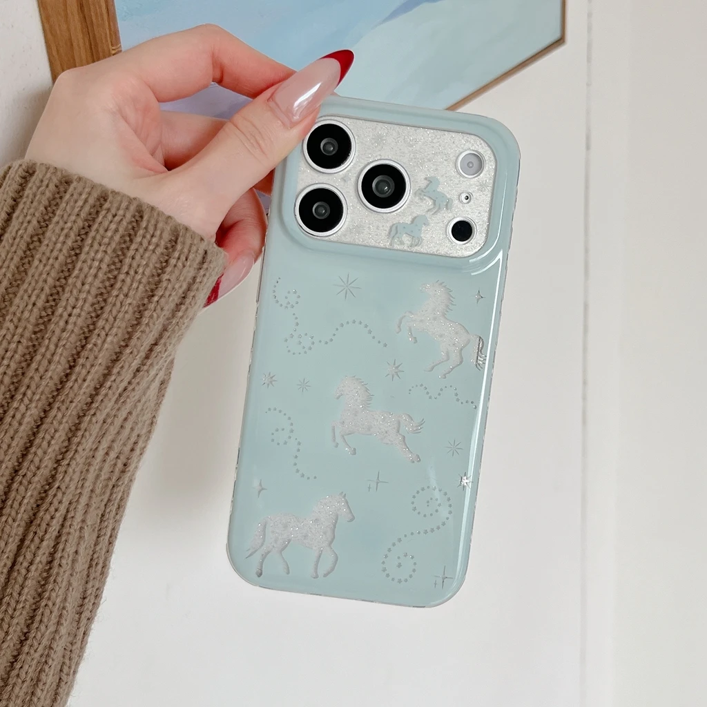 Frische, hellgrüne, ausgehöhlte Glitzer-Pony-Silhouette, silberner Stern, schützende Handyhülle für iPhone 18 17 16 15 14 Pro Max – Detail 4