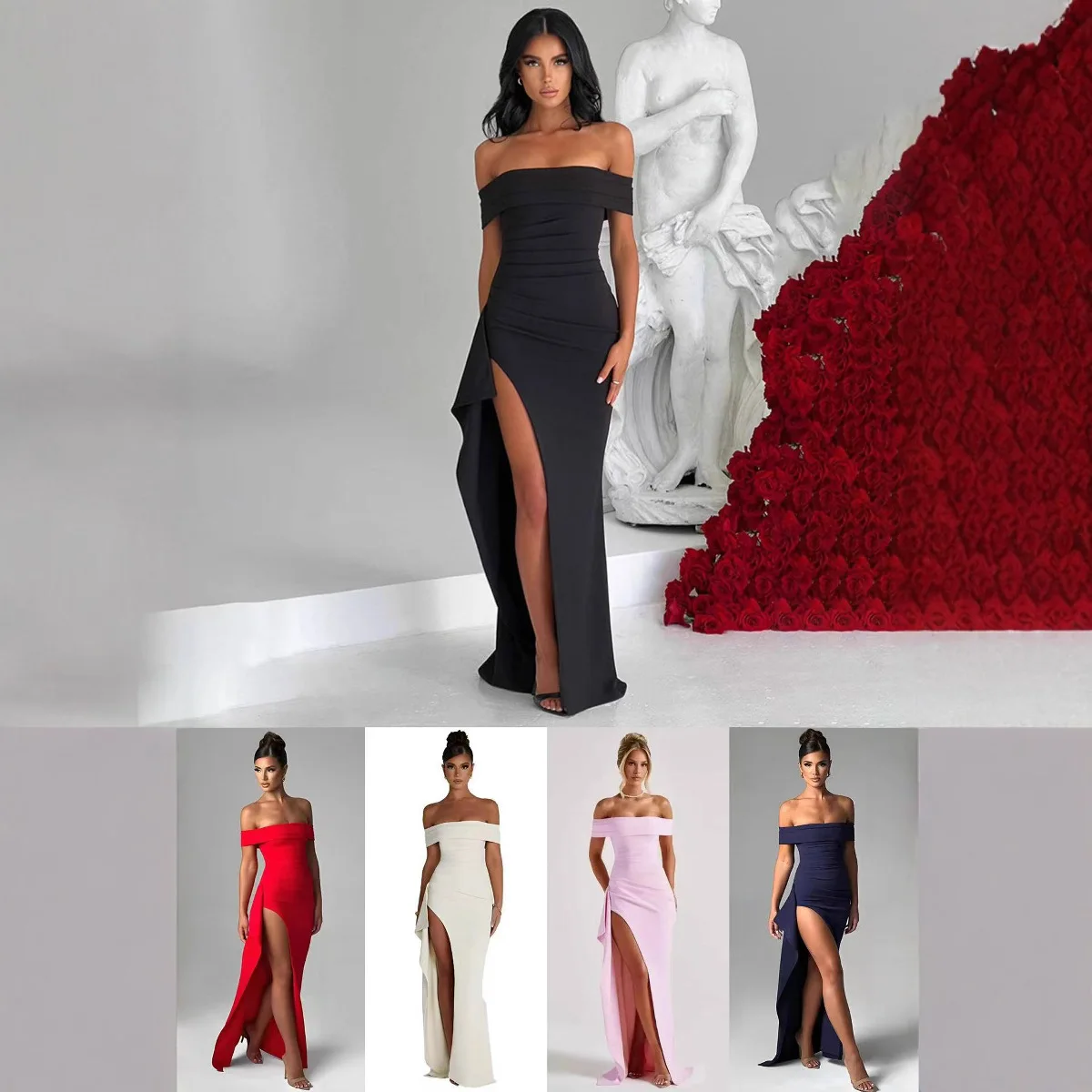 Schulterfreies Partykleid für Damen – figurbetontes Kleid mit hohem Schlitz, sexy, elegantes Abendkleid