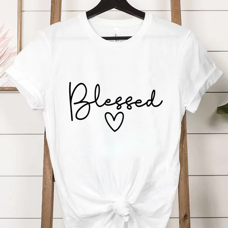 New Women Blessed Letter Print T-Shirt Vintage Heart Pattern Short Sleeve T Shirt Simple Fashion Female Y2K Tops Blessed Tees