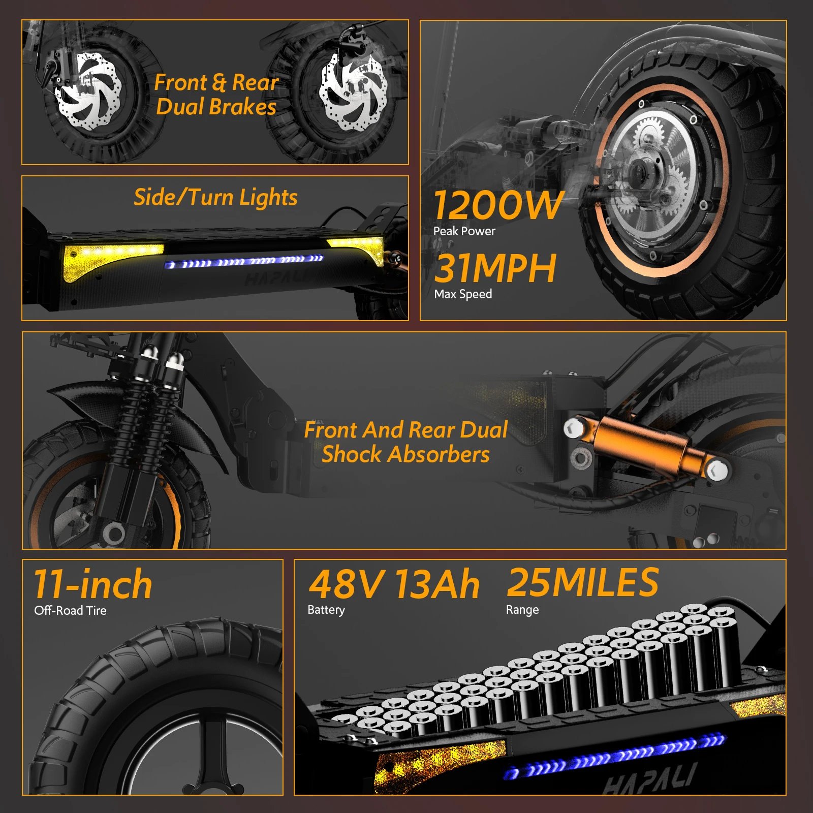 Off Road Electric Scooter, 1200W Motor, 25 Miles Range, 31 MPH, 11