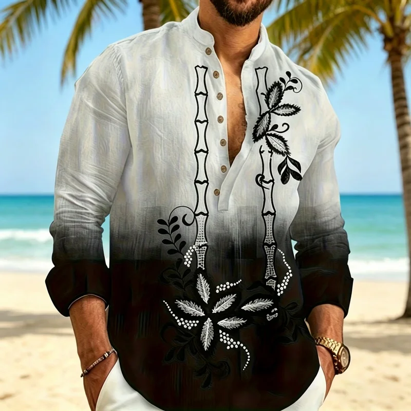 Men's Shirt Henry Collar Long Sleeved Shirt Fashionable Butterfly Floral Print Breathable Loose Vacation Casual Men's Top XS-6XL