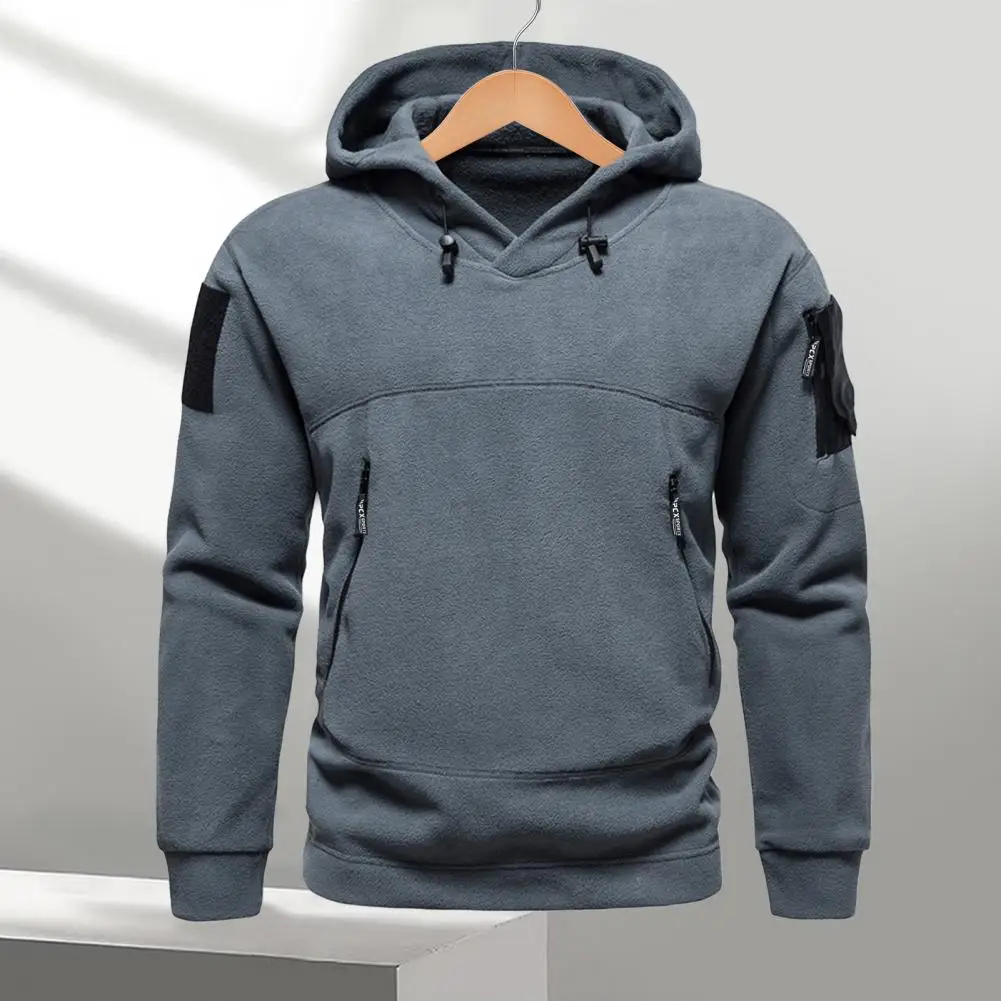 

Men Hiking Sweatshirt Drawstring Long Sleeve Pockets Men Hoodie Autumn Winter Fleece Lining Hooded Sweatshirt Daily Clothing
