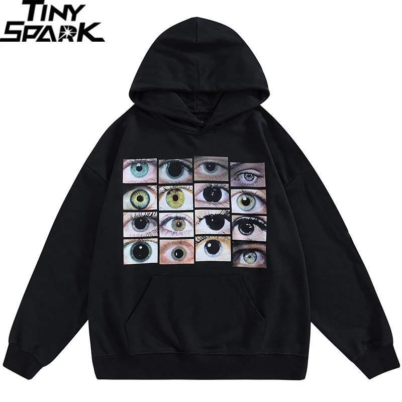 2024 Men Hip Hop Streetwear Hoodie Sweatshirt Eyes Print Harajuku Pullover Autumn Cotton Casual Hooded Hoodie Black Sweat Shirt