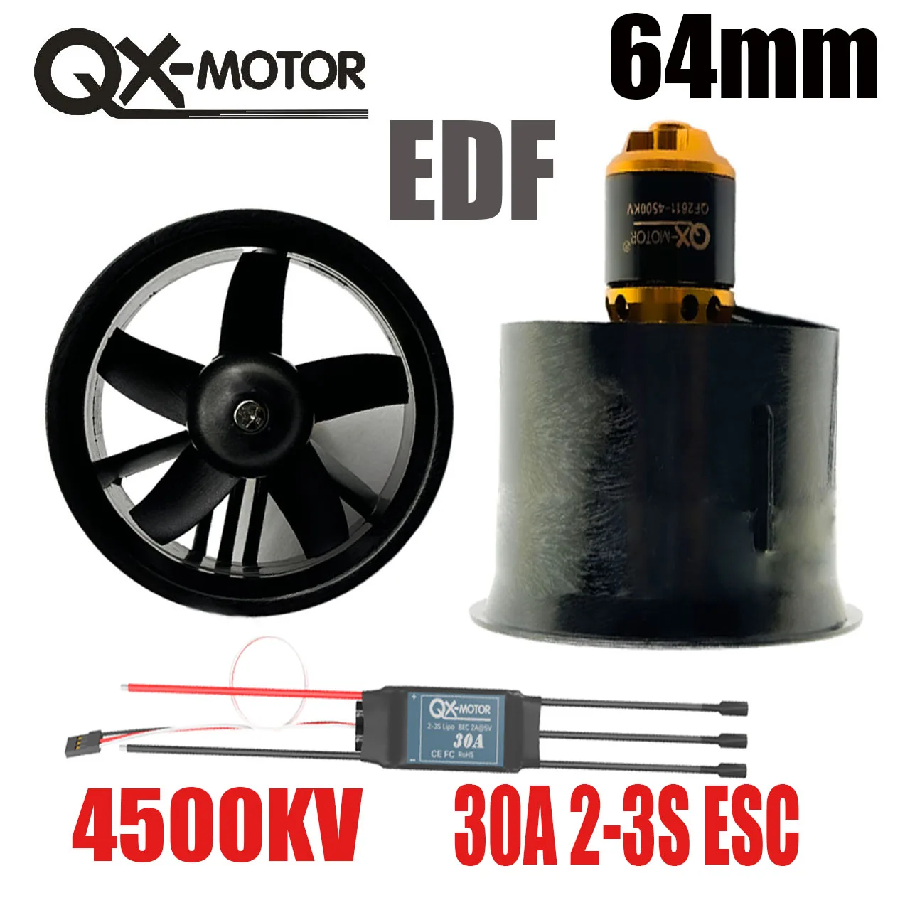 QX-MOTOR 64mm 5 Blades EDF Ducted Fan QF2611 2011 4500KV Brushless Motor  With 30A ESC  for RC Airplane Remote Control Toy Parts